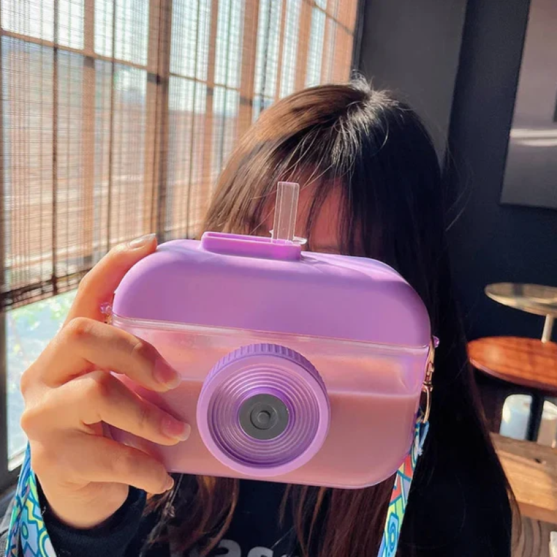 Creative Camera-Shaped Plastic Water Bottle for Kids & Adults Cute & Fun with Straw Lid