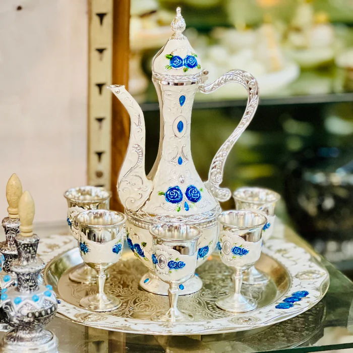 Elegant Royal Metal Tea Pot Set with 6 Cups and Serving Tray