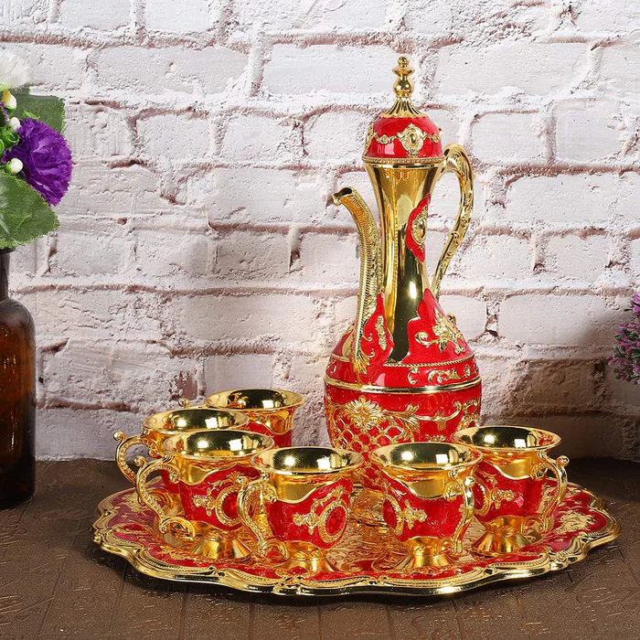 Elegant Royal Metal Tea Pot Set with 6 Cups and Serving Tray