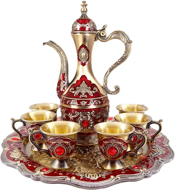 Elegant Royal Metal Tea Pot Set with 6 Cups and Serving Tray