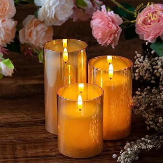 Simile Gold Glass Flameless Candles - Flickering Set of 3 for Elegant Ambiance