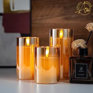 Simile Gold Glass Flameless Candles - Flickering Set of 3 for Elegant Ambiance