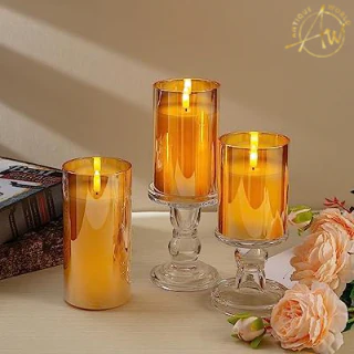 Simile Gold Glass Flameless Candles - Flickering Set of 3 for Elegant Ambiance
