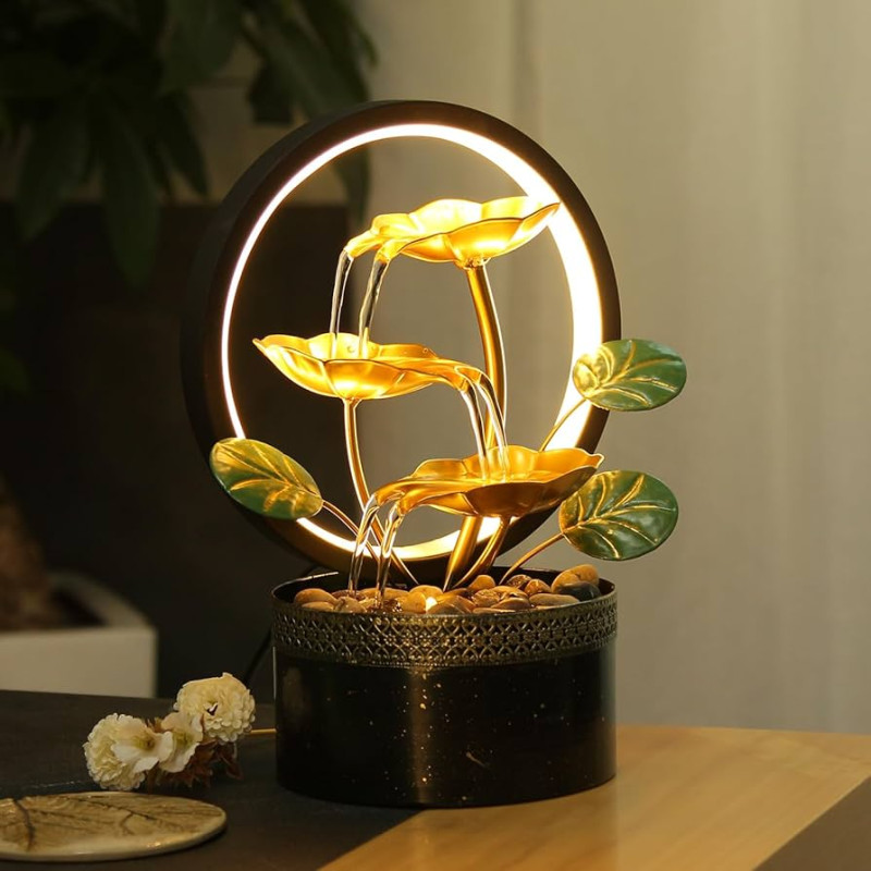 Illuminated Water Flowing Fountain with LED Ring Light