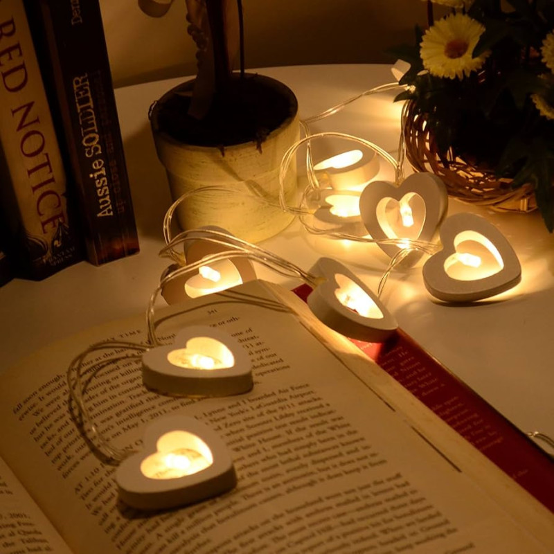 Enchanting LED Heart-Shaped Wooden String Lights for Romantic Ambiance