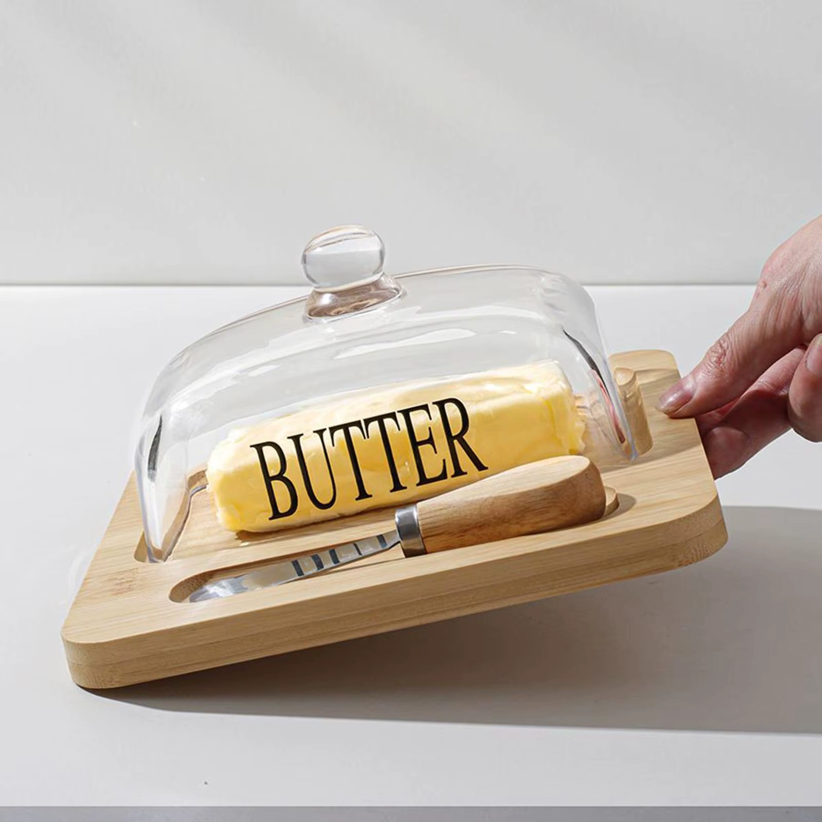 Wooden butter dish with glass lid