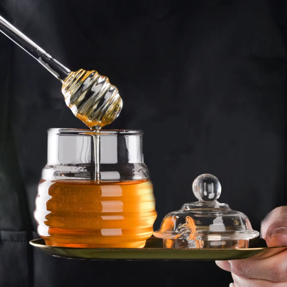 Luxury glass honey jar with wooden lid nd dipper