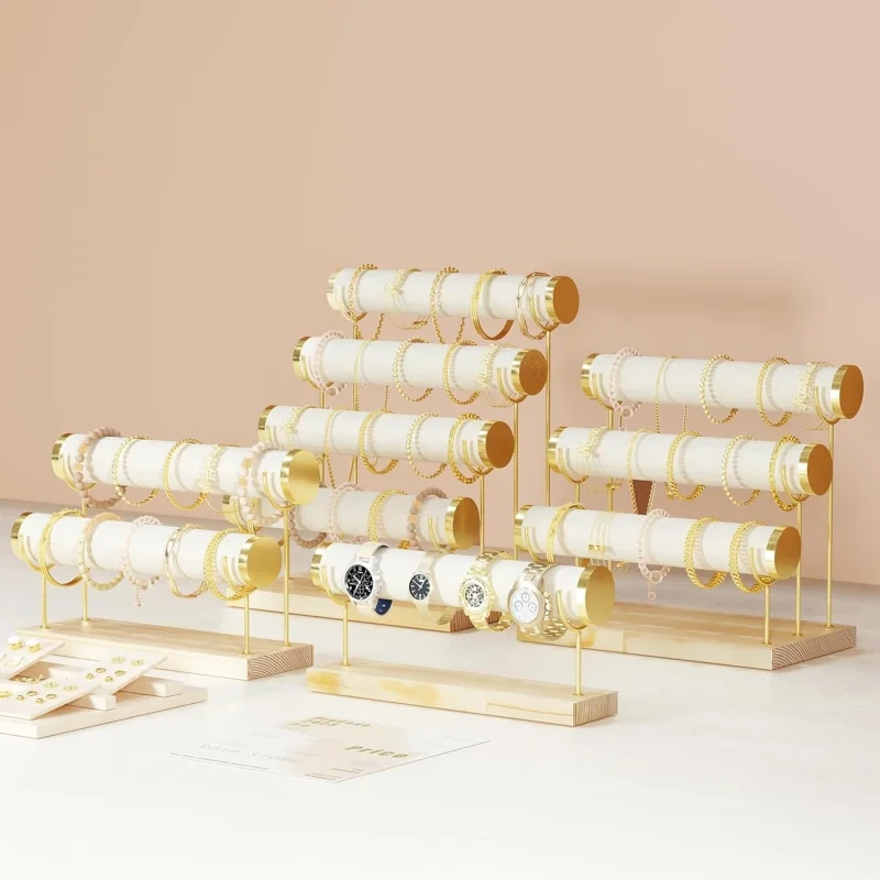 3-Tier Velvet Bracelet & Bangle Display Stand – Elegant Jewelry Organizer with Gold Accents & Wooden Base