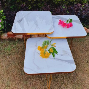 Square 3 Tables Set White Marble Pattern with Golden Border