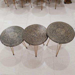 Set of 3 Handi Craft Golden Black Round Table