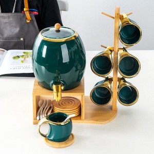 European Style Nordic Ceramic Kettle with Faucet Wooden Coaster Coffee Cup Set with Spoon
