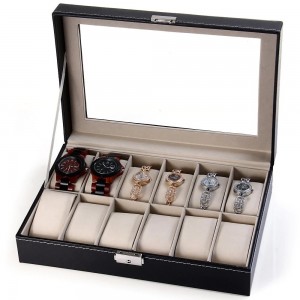 12-Slot Watch Display Box – PU Leather Organizer with Glass Lid
