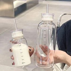 Stylish Glass Water Bottle with Time Marker - Perfect for Juice, Milk, and More