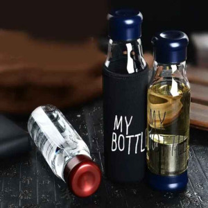 Premium Glass Water Bottle with Aluminum Cap & Stylish My Bottle Black Pouch