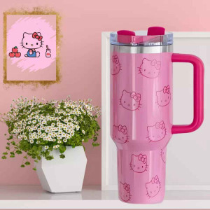 Cute Hello Kitty Iridescent Pink Stainless Steel Tumbler – 40 Oz Hot/Cold Insulated Cup
