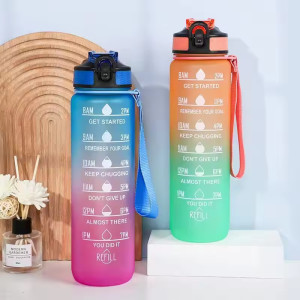 1L Large Capacity Gradient Water Bottle with Straw - Leakproof Sports Bottle with Time Marker
