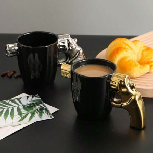 Unique Revolver Shaped Coffee Mug | Creative Gold & Silver Ceramic Cup