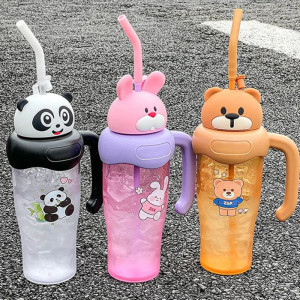 Cute Cartoon Panda and Rabbit Kids Tumbler - BPA Free 750ml Water Bottle with Handle and Straw