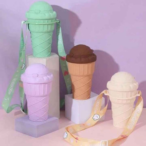 Cute 500ml Ice Cream-Shaped Water Bottles with Straw - Adjustable Strap Included