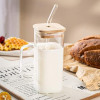 Square Glass Cup With Bamboo Lid and Straw