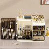 Dustproof Large Makeup Organizer with Drawers - Spacious Plastic Cosmetic Storage Box with Brush Holders, Lipstick Slots